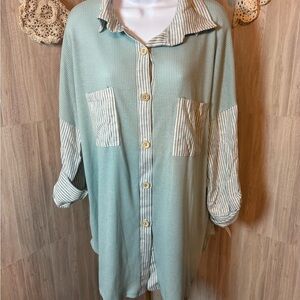 Striped Ribbed Button Down Shirt in Sage Green and White